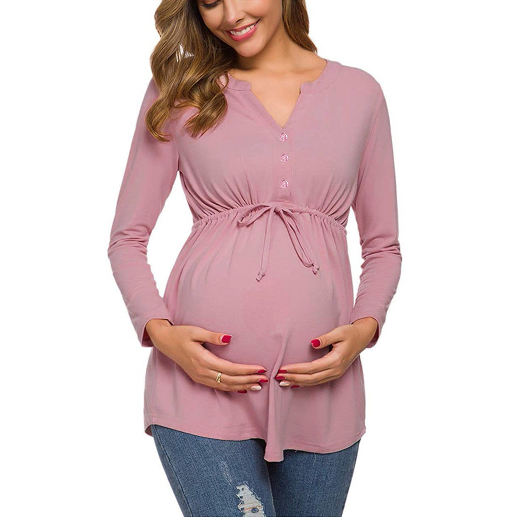 Autumn And Winter Long Sleeve V-neck Solid Color Girdle Lace-up Nursing Shirt