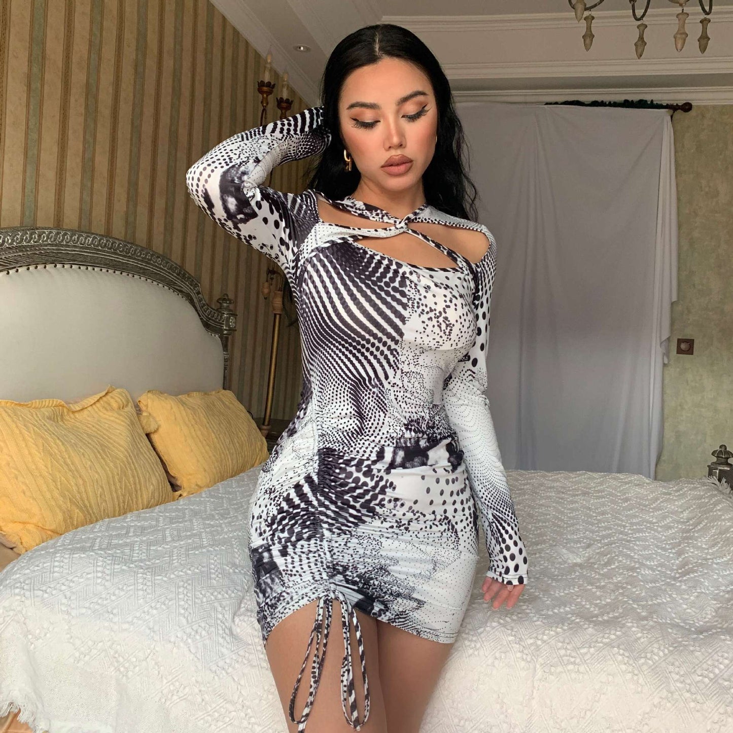 Hollow Drawstring Long Sleeved Printed Dress