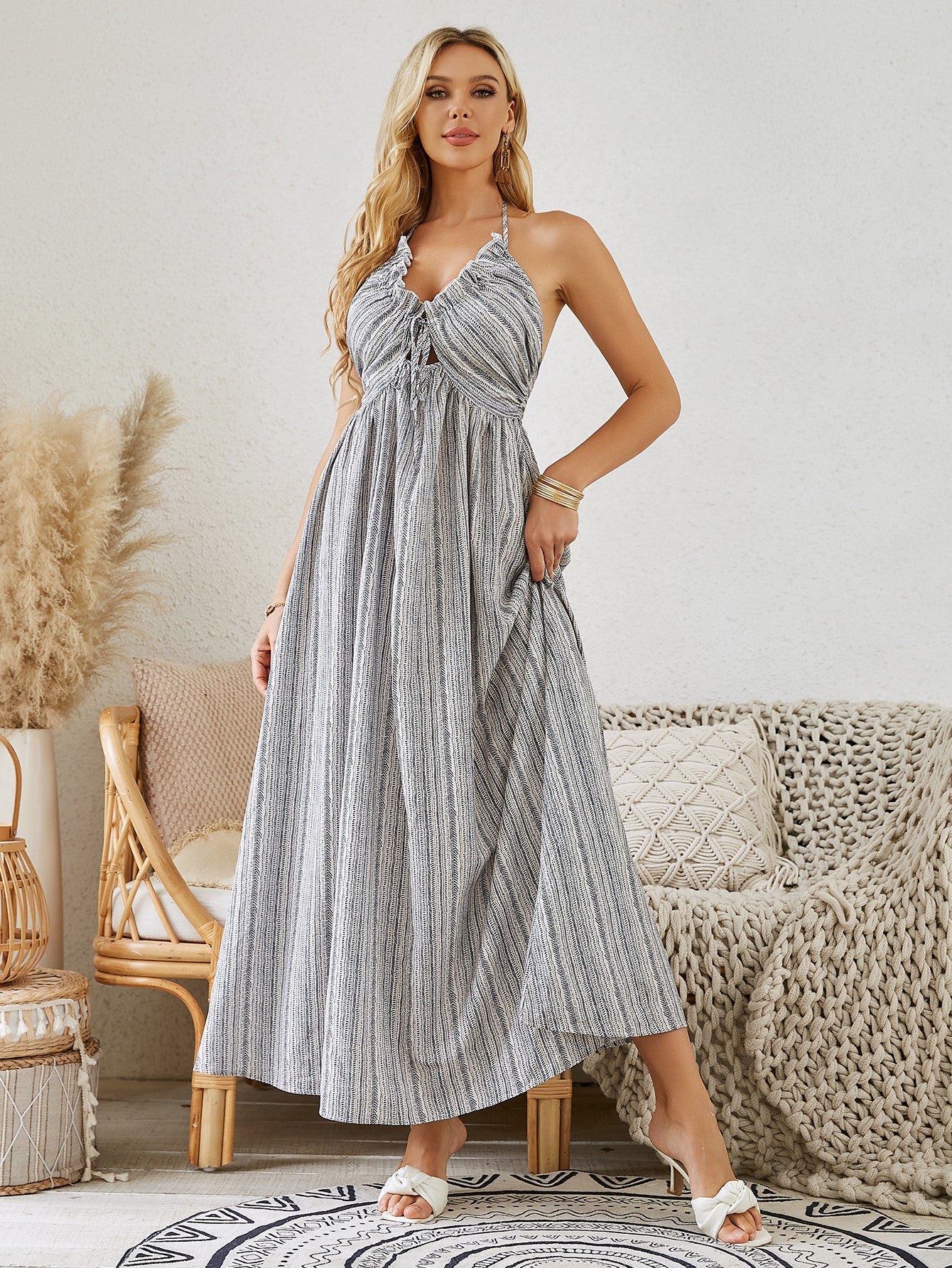 Bohemian Halter Maxi Dress - Women's Summer Striped Sleeveless Flowy Beach Dress