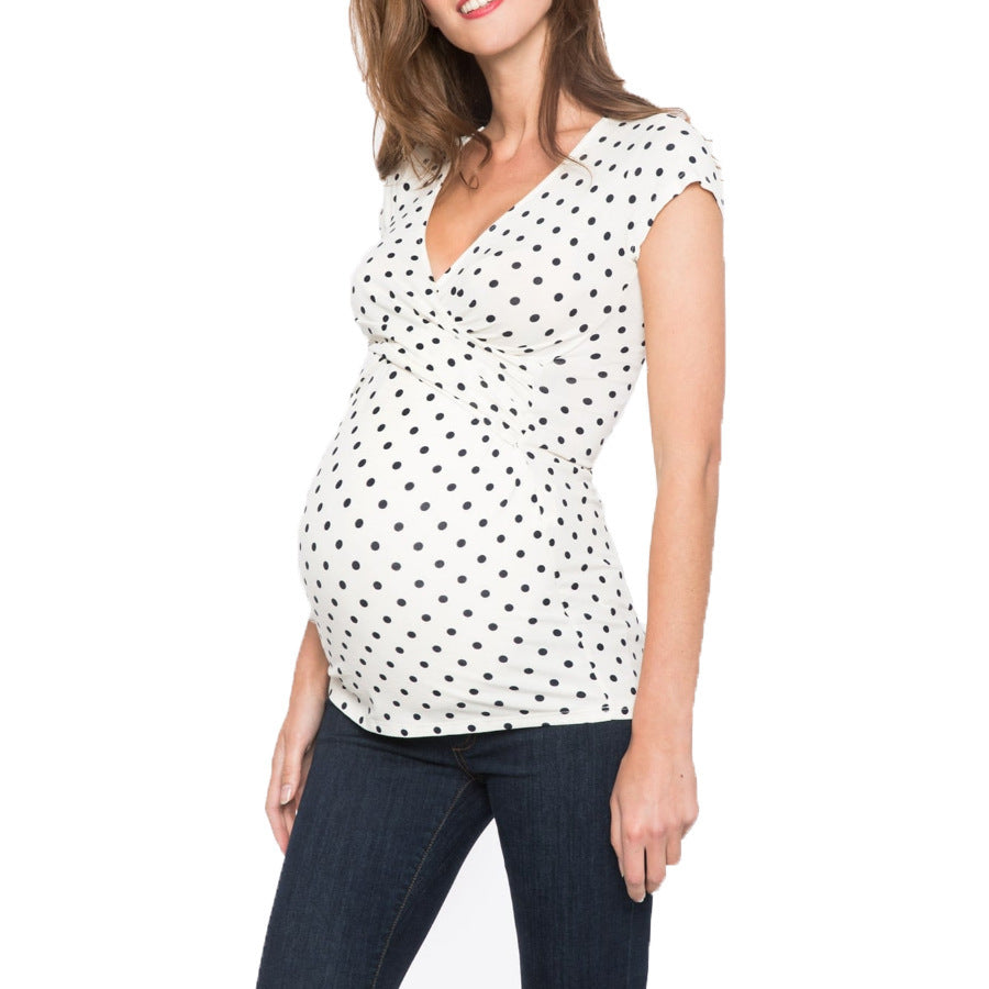 Cross V-neck Maternity Polka Dot Print Short Sleeve Nursing Top