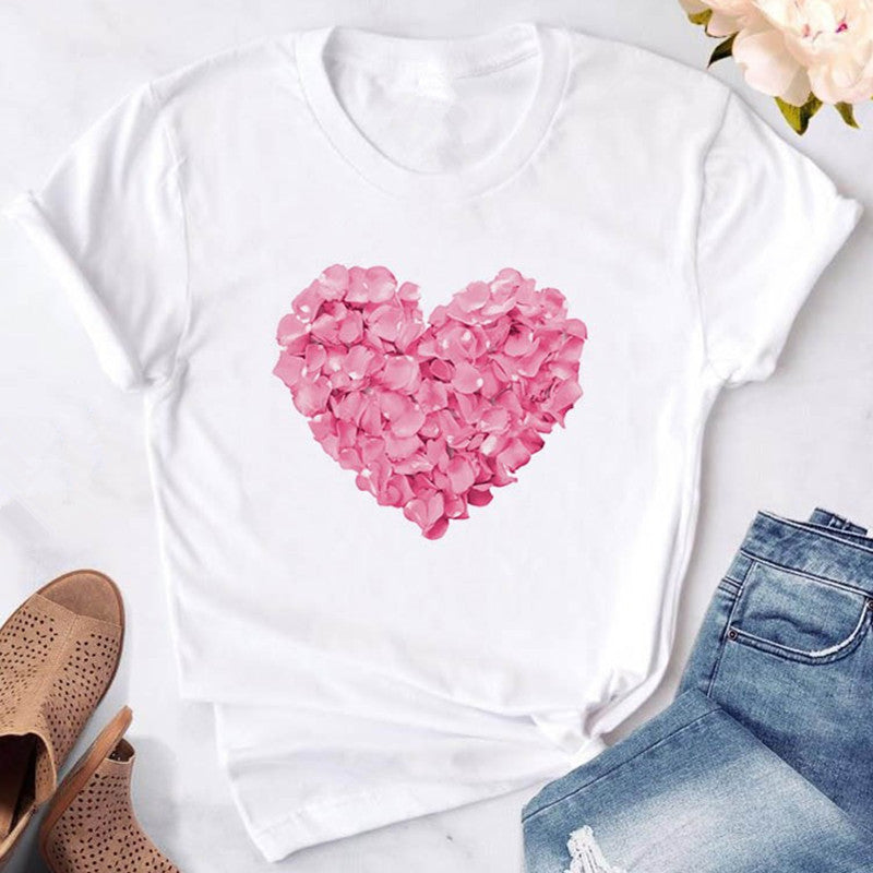 Camiseta rosa con estampado de flores en forma de corazón para mujer, camiseta divertida informal