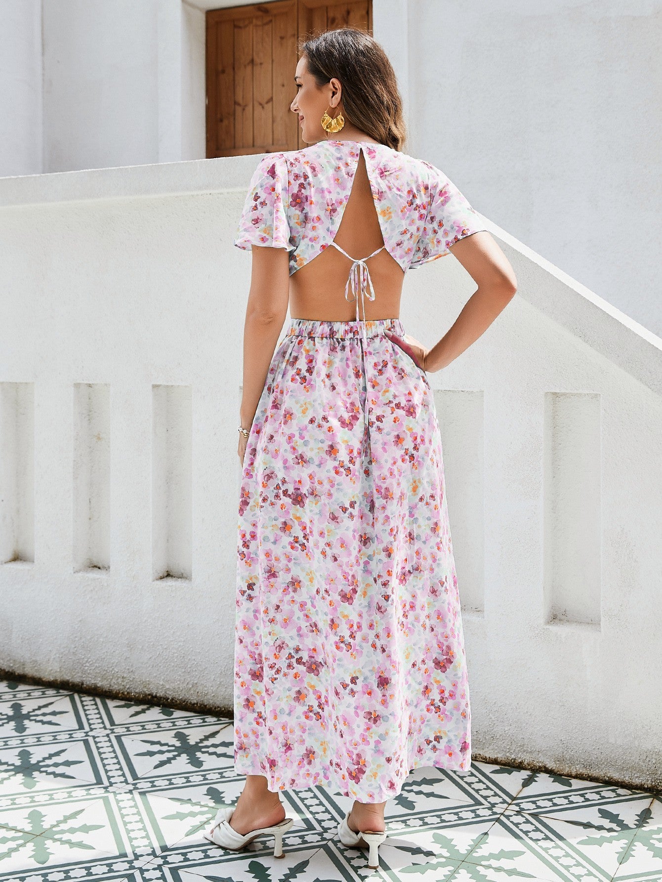 Vestido largo con estampado floral para mujer: elegante vestido de vacaciones con mangas con volantes, cintura recortada y abertura alta, tejido de rayón transpirable