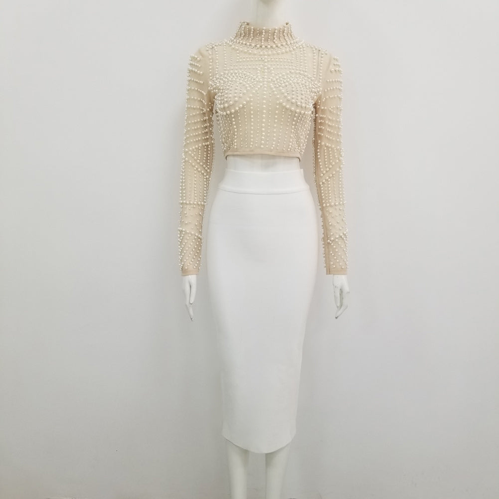 Pearl Beaded Net Yarn Suit Skirt