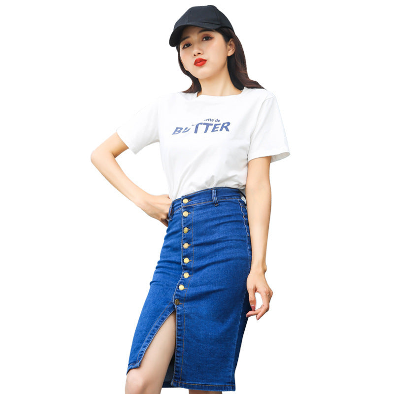 Single-breasted stretch denim skirt