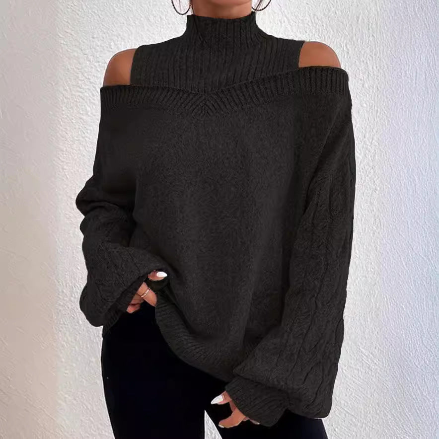 Off-the-shoulder Sweater Women's Pullover Half Turtleneck Autumn And Winter New Lantern Sleeve Sweater