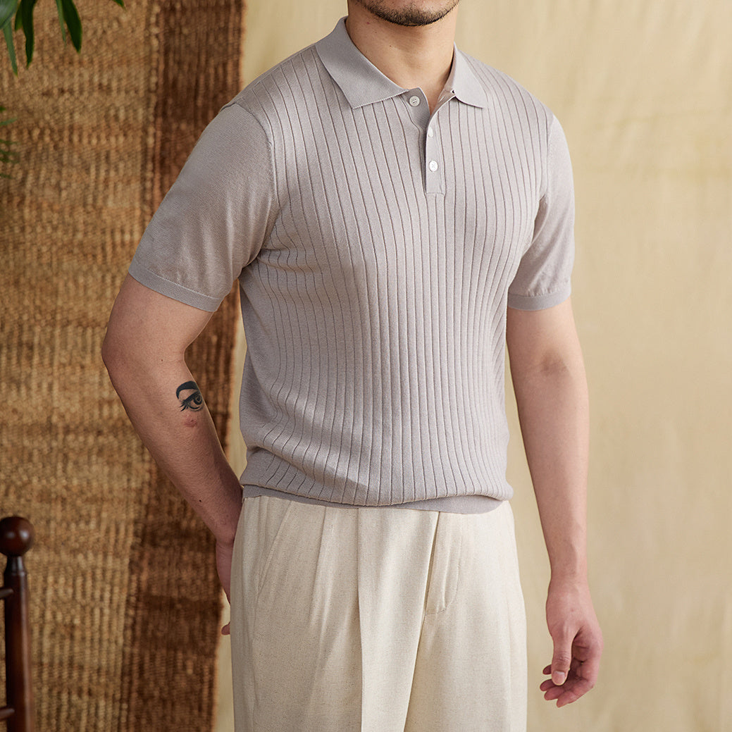 Slim Fit Sunken Stripe Polo Shirt Tencel Cotton Knit Breathable T-shirt