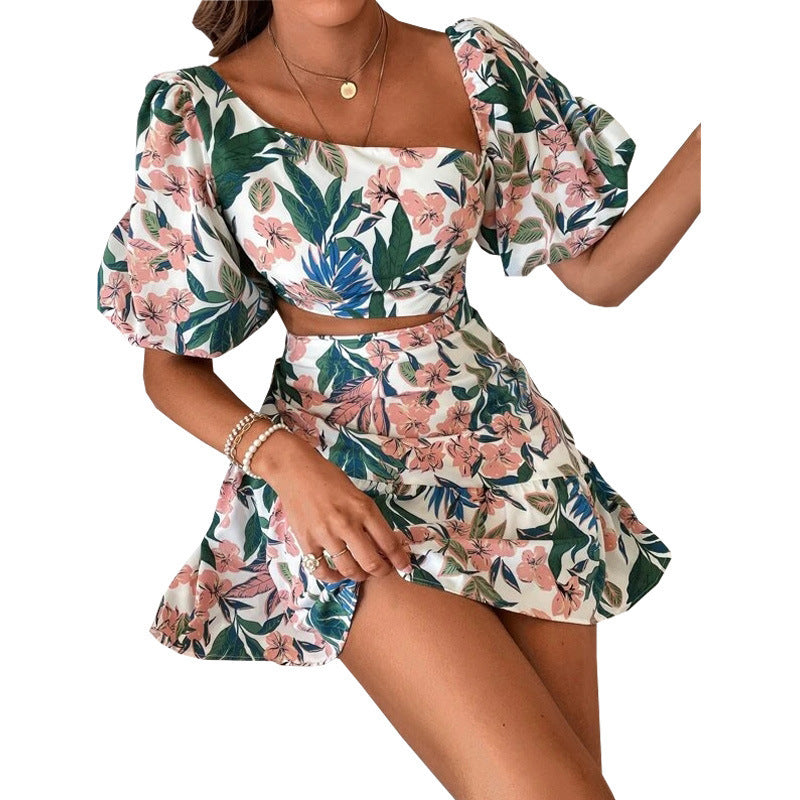 Women's Floral Short Sleeve Dress Two Piece Set