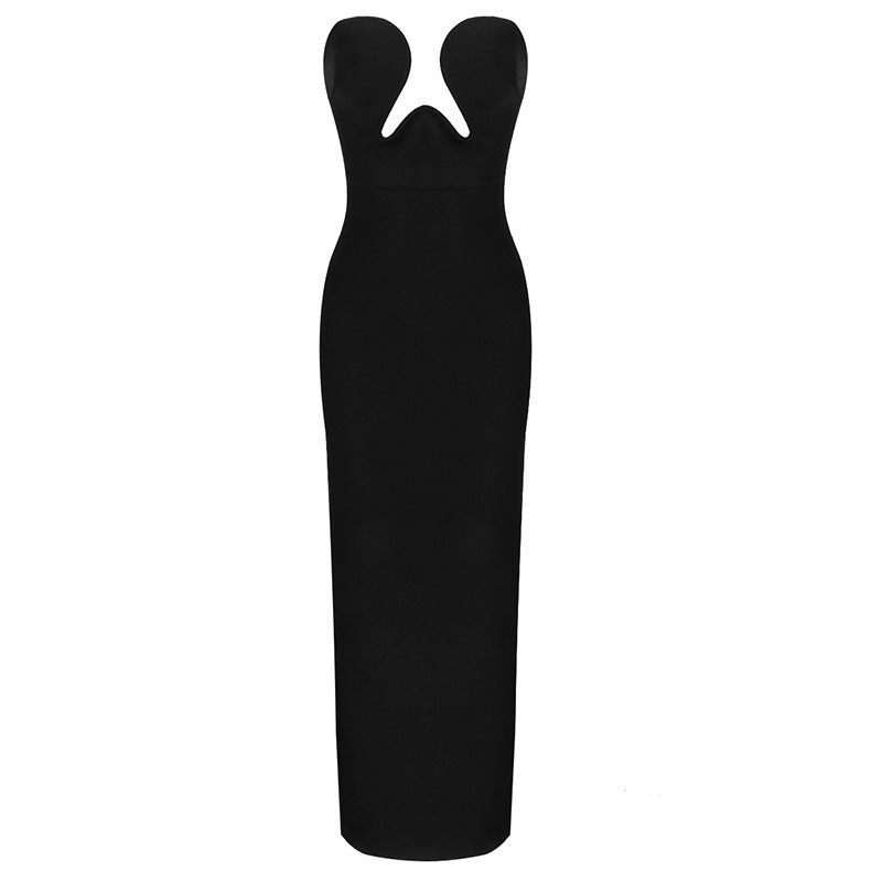 Tube Top V-neck Waist Slim Bandage Dress Mid-length Split Party Evening