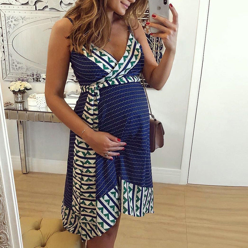 European and American Printed Sling Maternity Dress