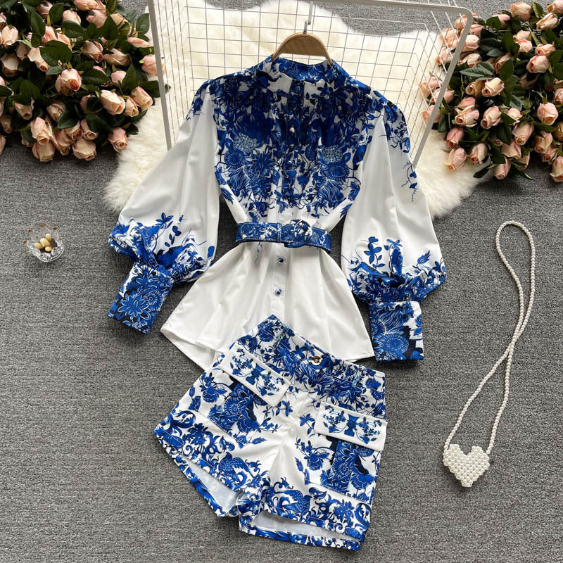 Women's Vintage Blue And White Porcelain Print Shirt Versatile Wide Leg Shorts