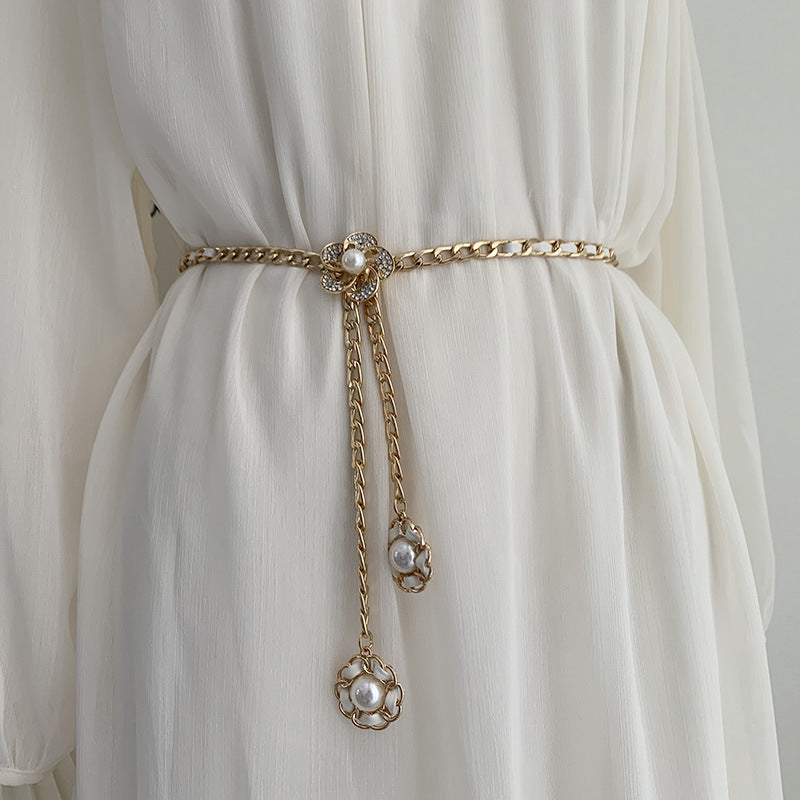 Metal Thin Waist Chain Pearl Inlaid Decorated Sweater Dress