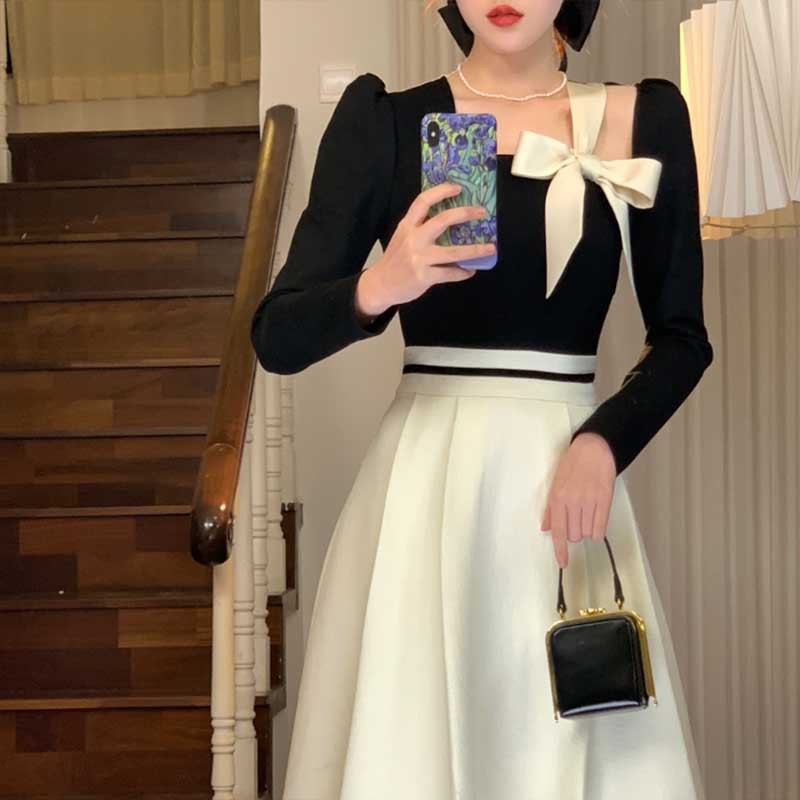 French Style Temperament High Waist A- Line Square Collar Dress