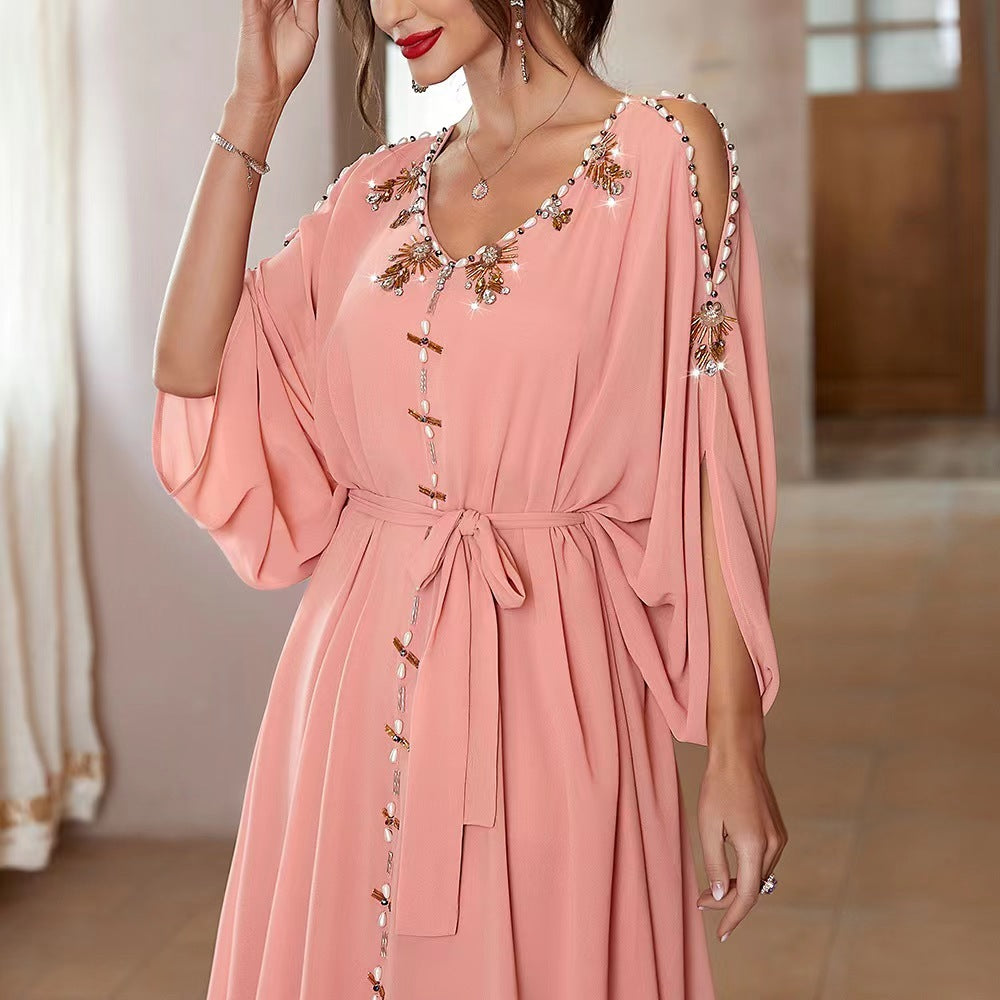 Women's Ethnic Wind Strapless Hand-stitched Diamond Dress