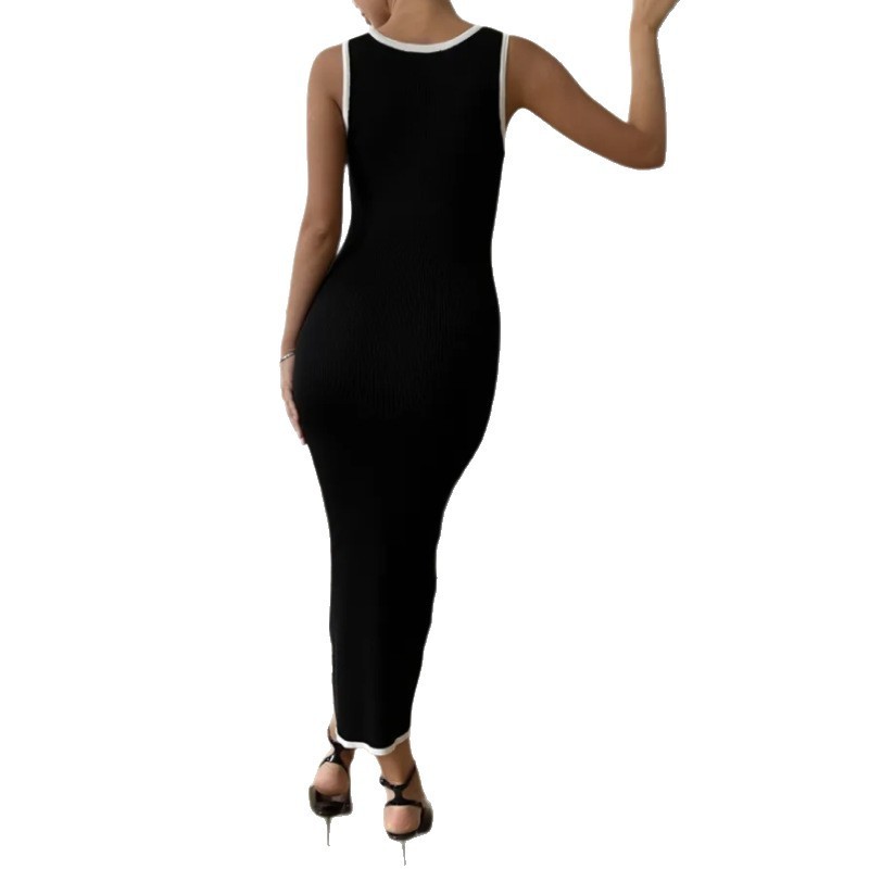 Vest-style Dress Contrast Color Single Row Multi-buckle Slit Long Knitted Dress