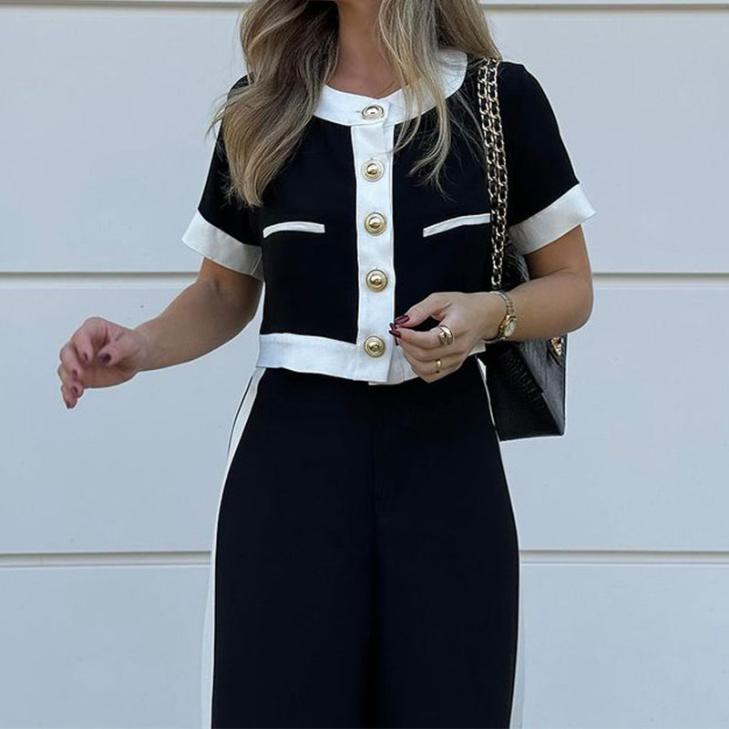 Commuter T-shirt Shory Style Top Straight-leg Pants Suit Two-piece Set