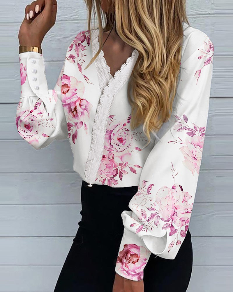 Women's Fashionable Printed Lace Casual Shirt