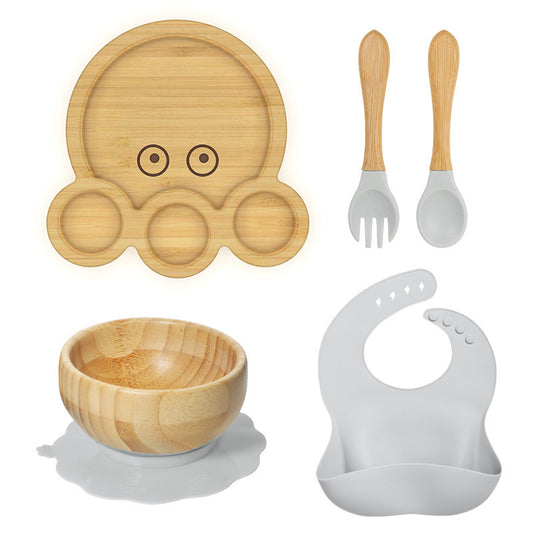 Baby Sucker Bamboo Bowl Compartment Food Supplement Spork Silicone Bib Tableware Suit