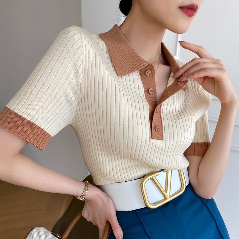 Contrast Color Polo Collar Ice Silk Knitted Short Sleeve T-shirt Women's Thin Top