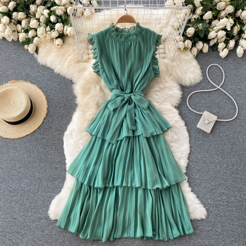 Pleated Wood Ear Collar Lace-up Thin Ruffle Dress