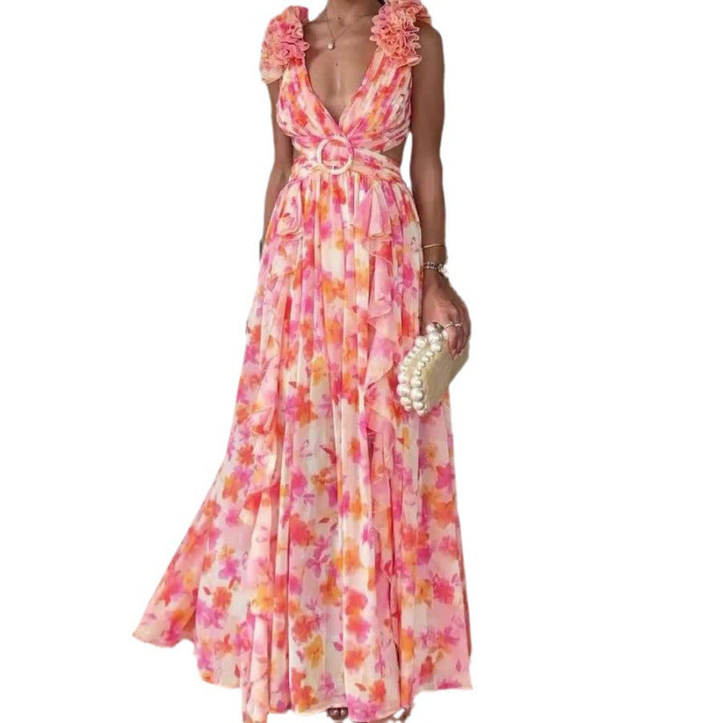 Casual Home Floral Backless Dress Women