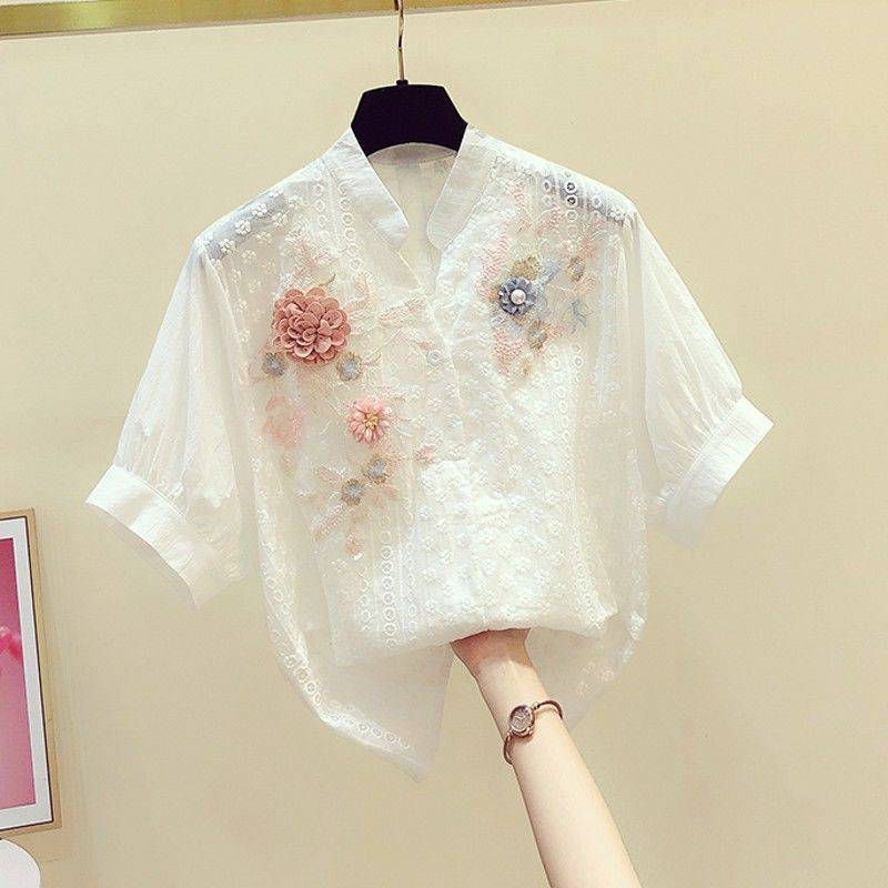 Camisa de algodón de manga corta con cuello de flores y bordado Retro estilo informal para mujer