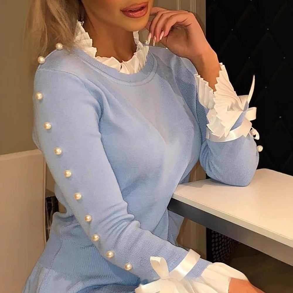 Fashion Blue Stitching Long-sleeved Top