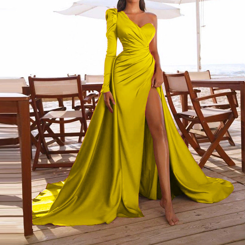 Long-sleeved Satin Dress With Long Slits And One-shoulder Tail