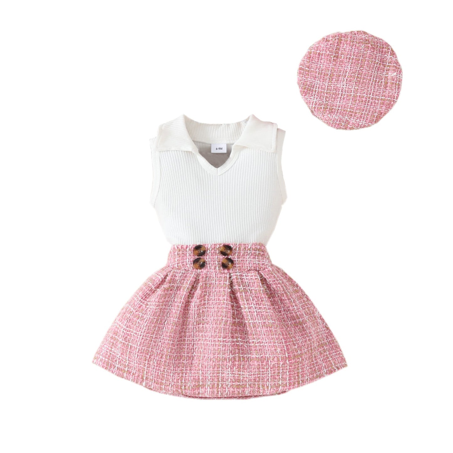 Traje de falda de tartán con top de boina de moda para niñas