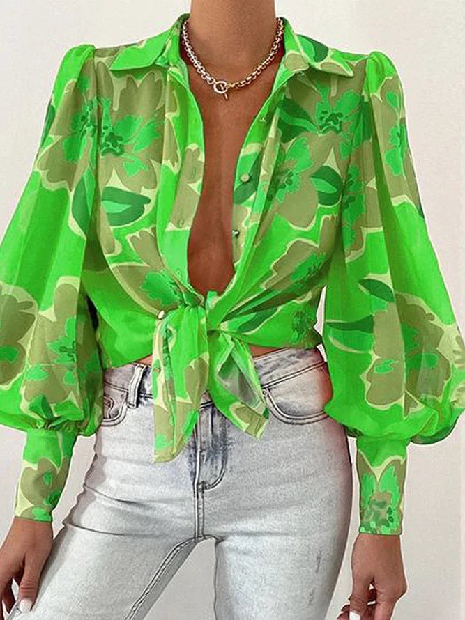 Camisa de moda con manga farol estampada de verano para mujer