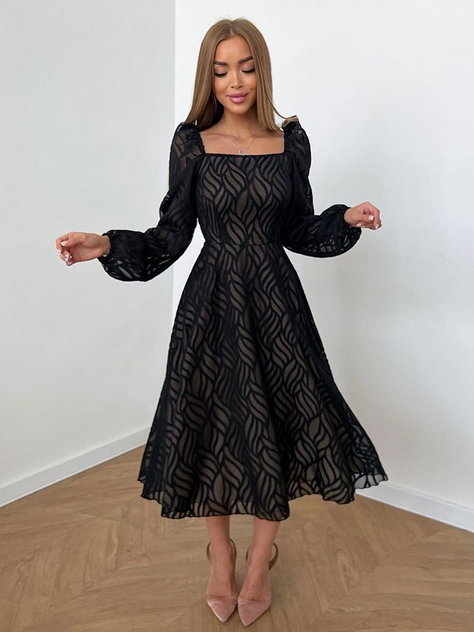 Women's Graceful And Fashionable Hollow-out Micro-transparent Jacquard High Waist Long Sleeves Dress