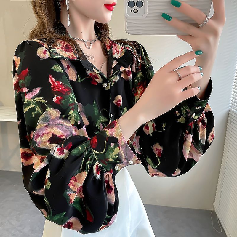 New Loose Lantern Sleeve Chiffon Printed Shirt For Women