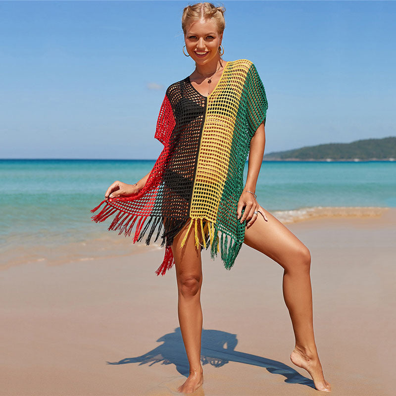 Blusa de playa de rayas coloridas de punto para mujer