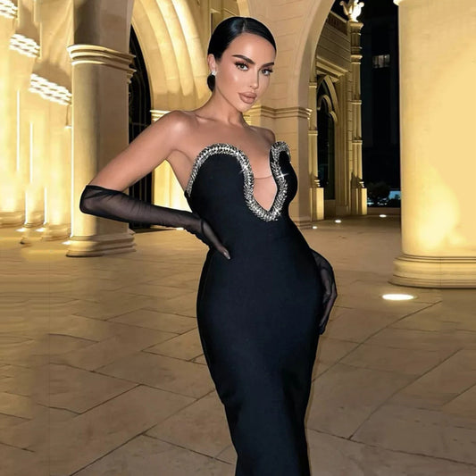 V-neck Diamond Black Bandage Dress