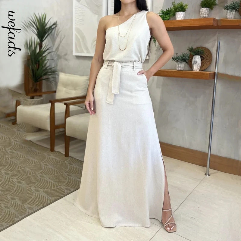 Summer New Solid Color Sleeveless Top High Waist Slit Long Dress