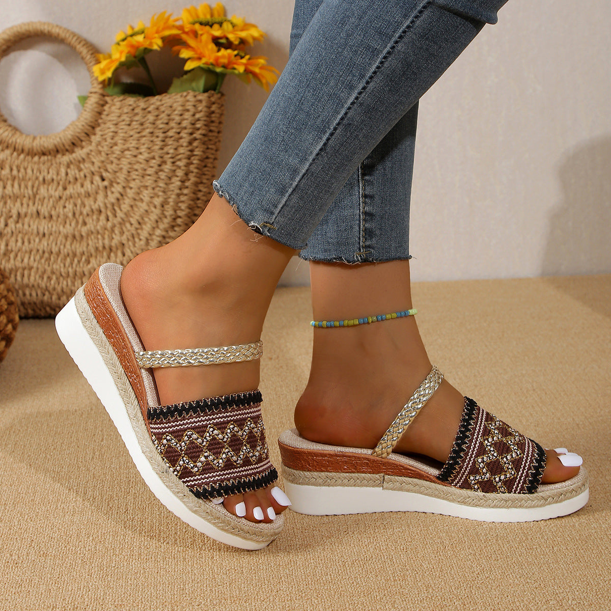 Ethnic Style One-line Thick-soled Sandals