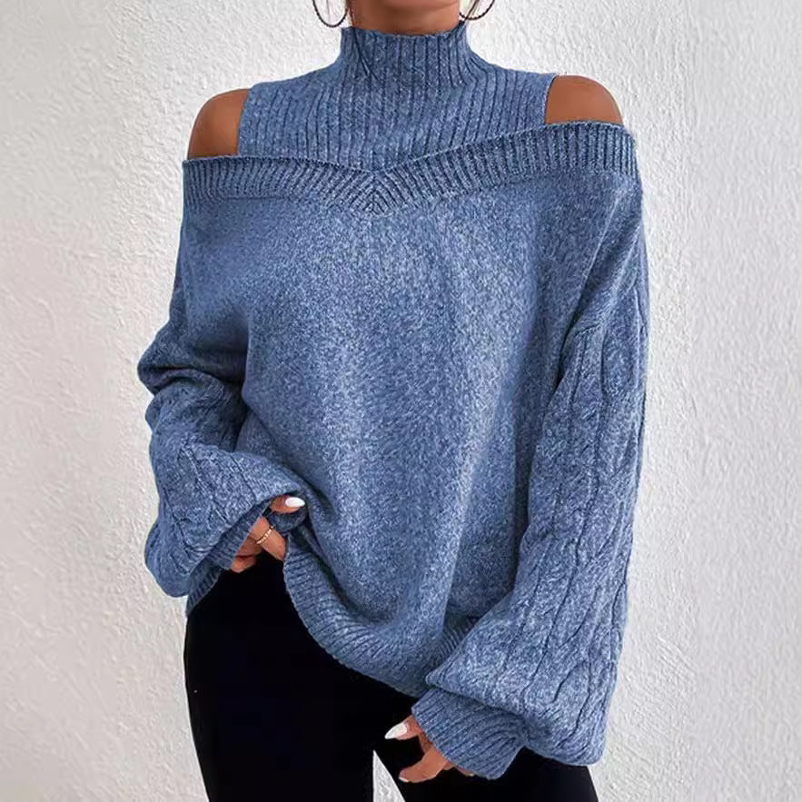 Off-the-shoulder Sweater Women's Pullover Half Turtleneck Autumn And Winter New Lantern Sleeve Sweater