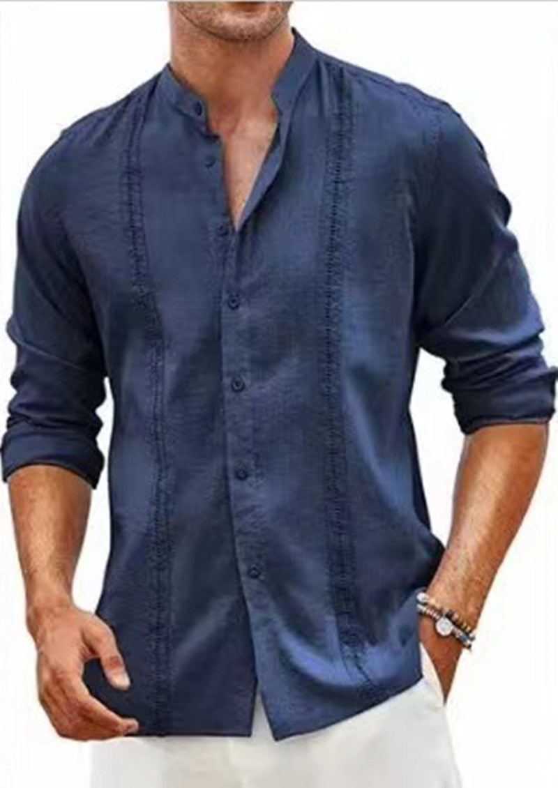 Men's Fashion Casual Cotton And Linen Stand Collar Long Sleeve Shirt