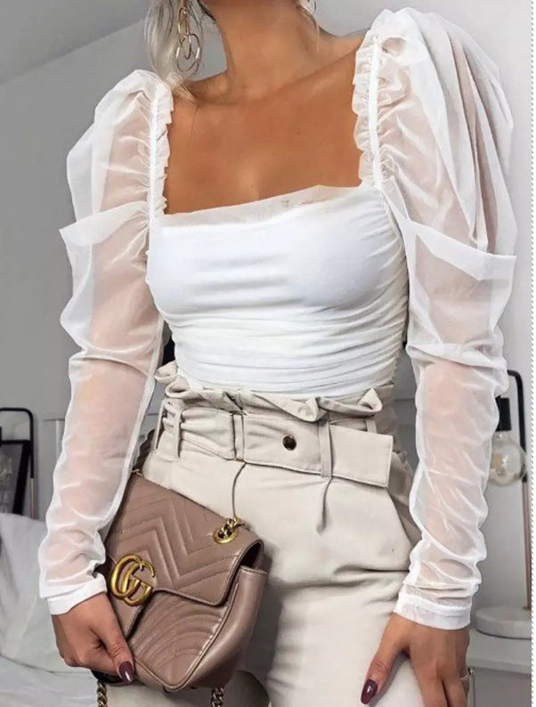 Haut tube à manches bouffantes, haut en maille à volants et manches longues