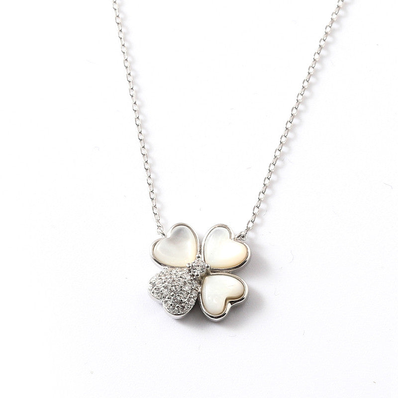 Four Leaf Clover Necklace Pure S925 Silver Zircon White Shell Female