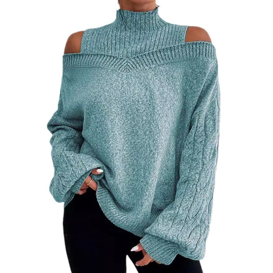 Off-the-shoulder Sweater Women's Pullover Half Turtleneck Autumn And Winter New Lantern Sleeve Sweater