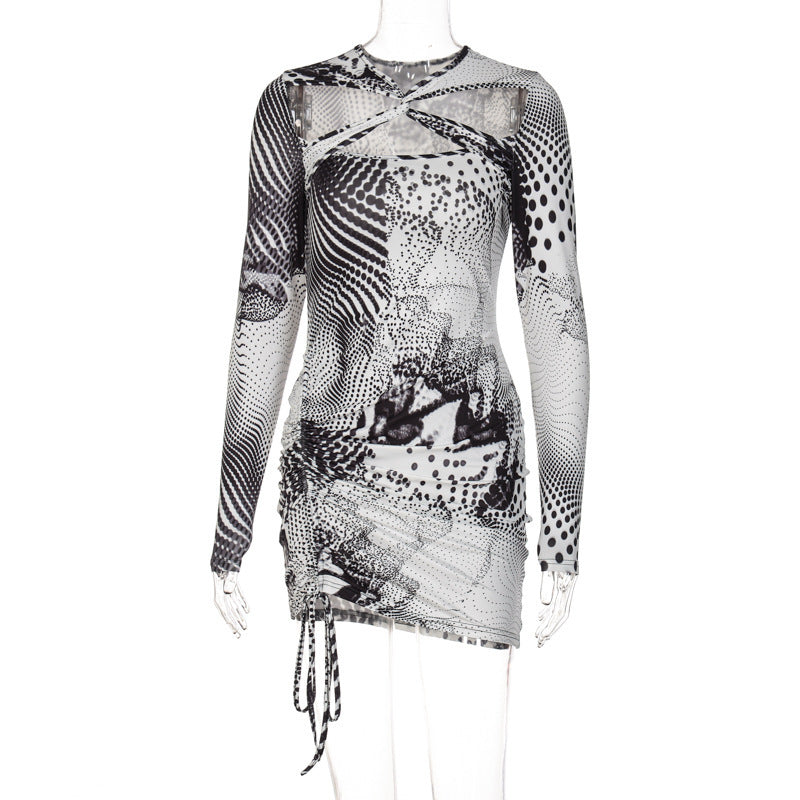 Hollow Drawstring Long Sleeved Printed Dress