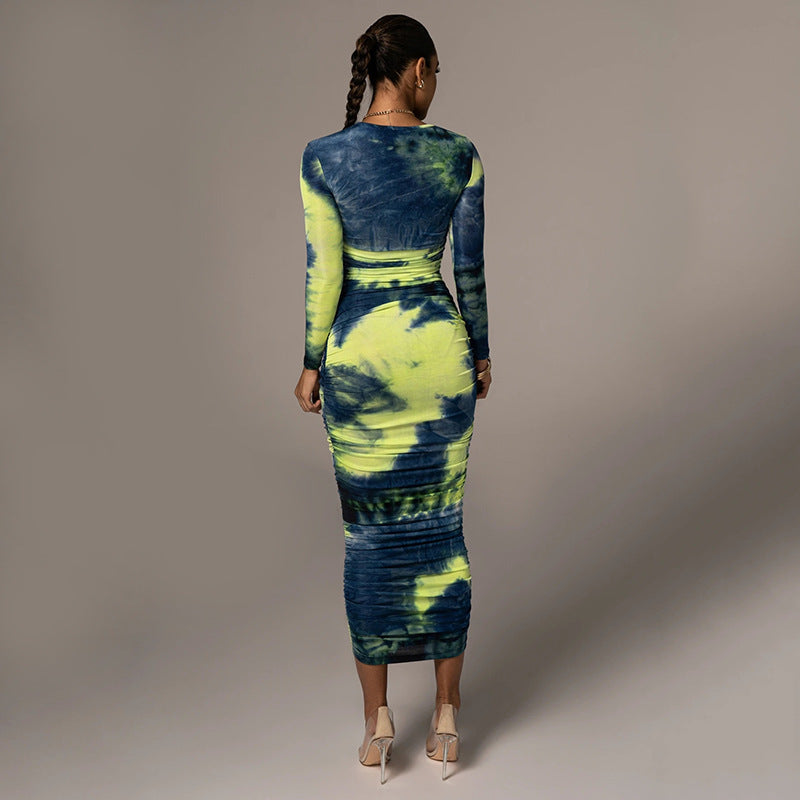 Long-sleeved Round-neck Slim Printed And Dyed Dress