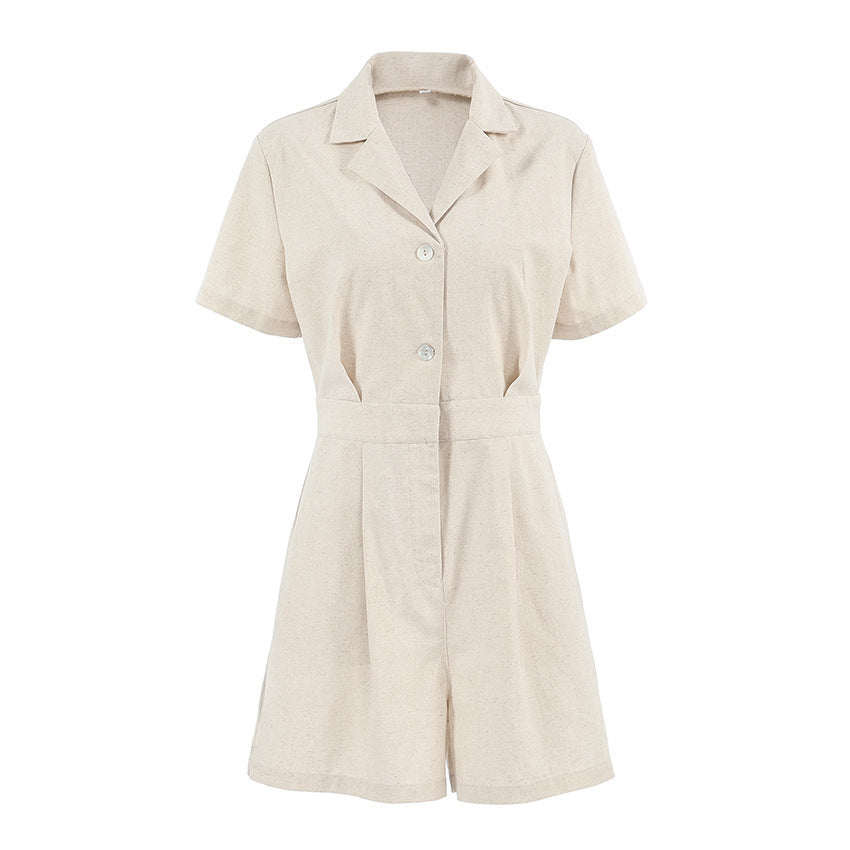 French Style Temperament Cotton And Linen Suit Collar High Waist Casual Jumpsuit