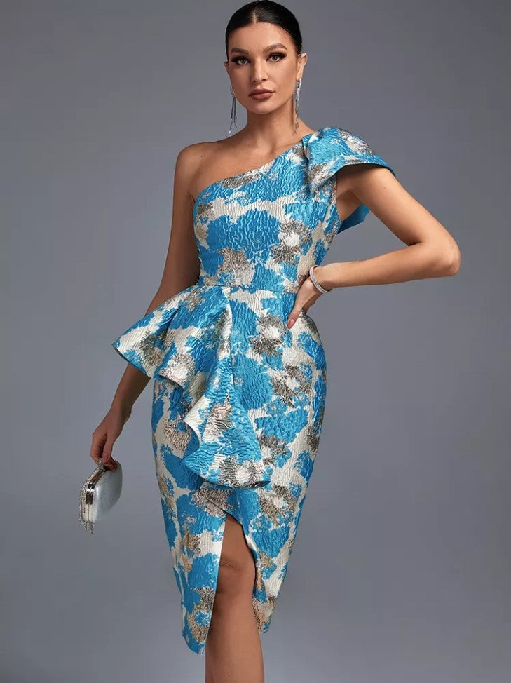 Sexy Elegant Jacquard One Shoulder Short-length Dress High-end Dress