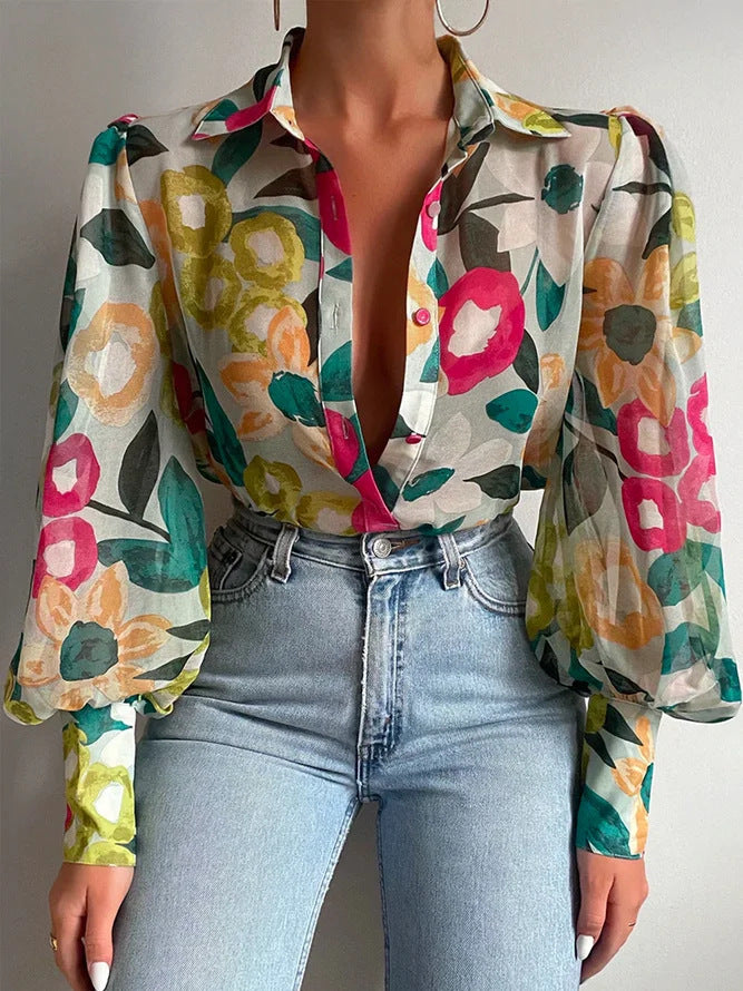 Camisa de moda con manga farol estampada de verano para mujer