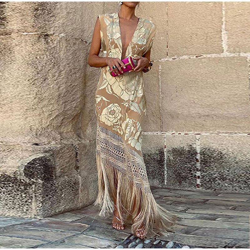 Fashion V-neck Embroidery Flower Tassel Irregular Dress