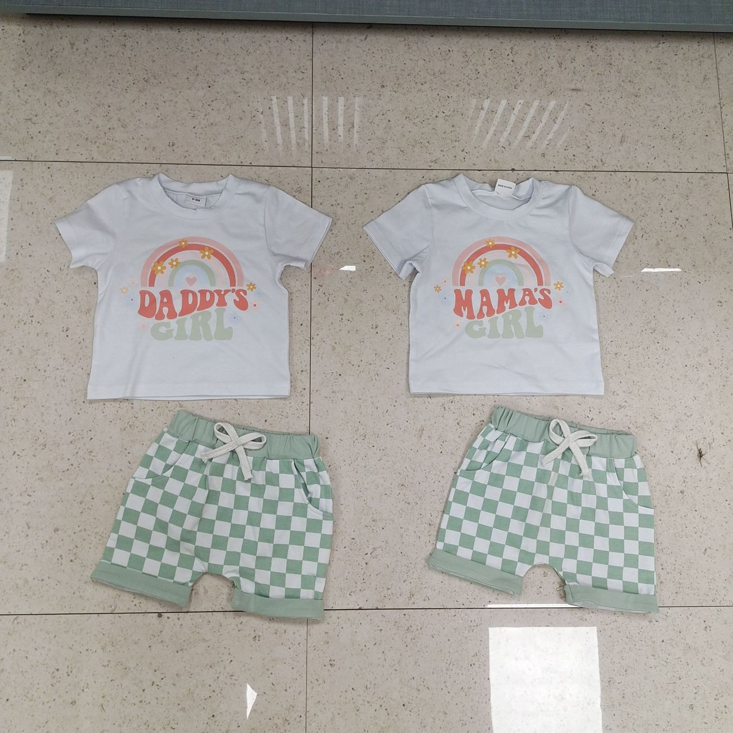 Girls' Checkered Short-sleeved Shorts Suit