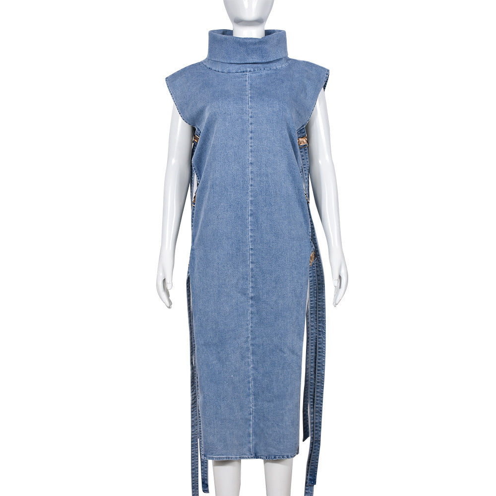 Denim Washed High Collar Dress Women