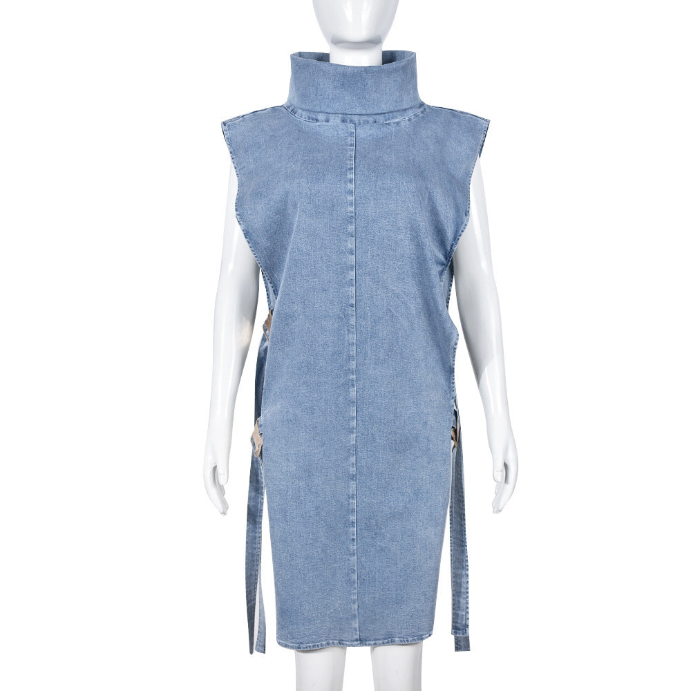 Denim Washed High Collar Dress Women