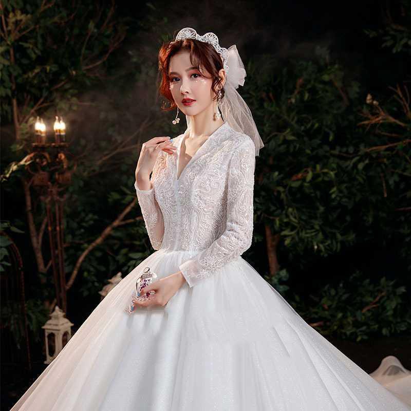 Deep V-neck Bridal Trailing Long Sleeves